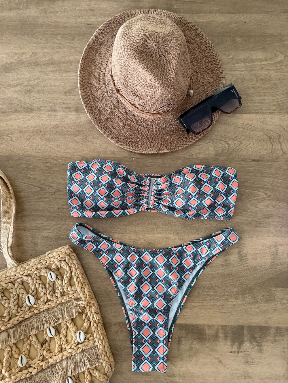 Bandeau Geometric Print Bikini Set in Coral & Teal